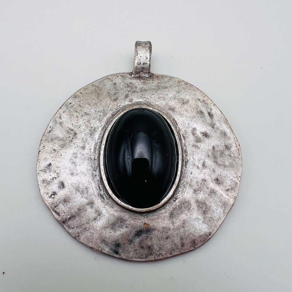 Hammered Silver Tone Pendant Black Cabochon Round Statement Artisan Style